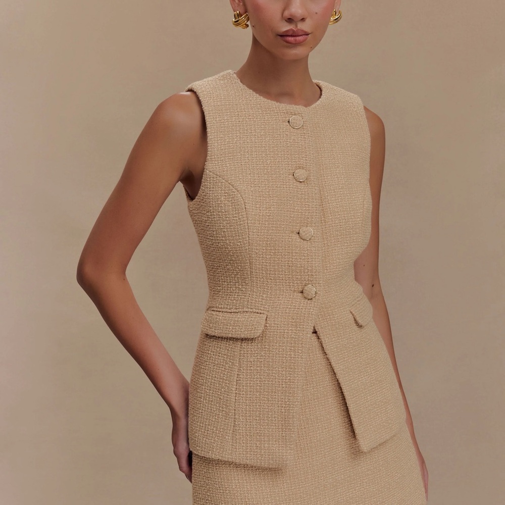 Meshki Sleeveless Tweed Shell Top in Beige
